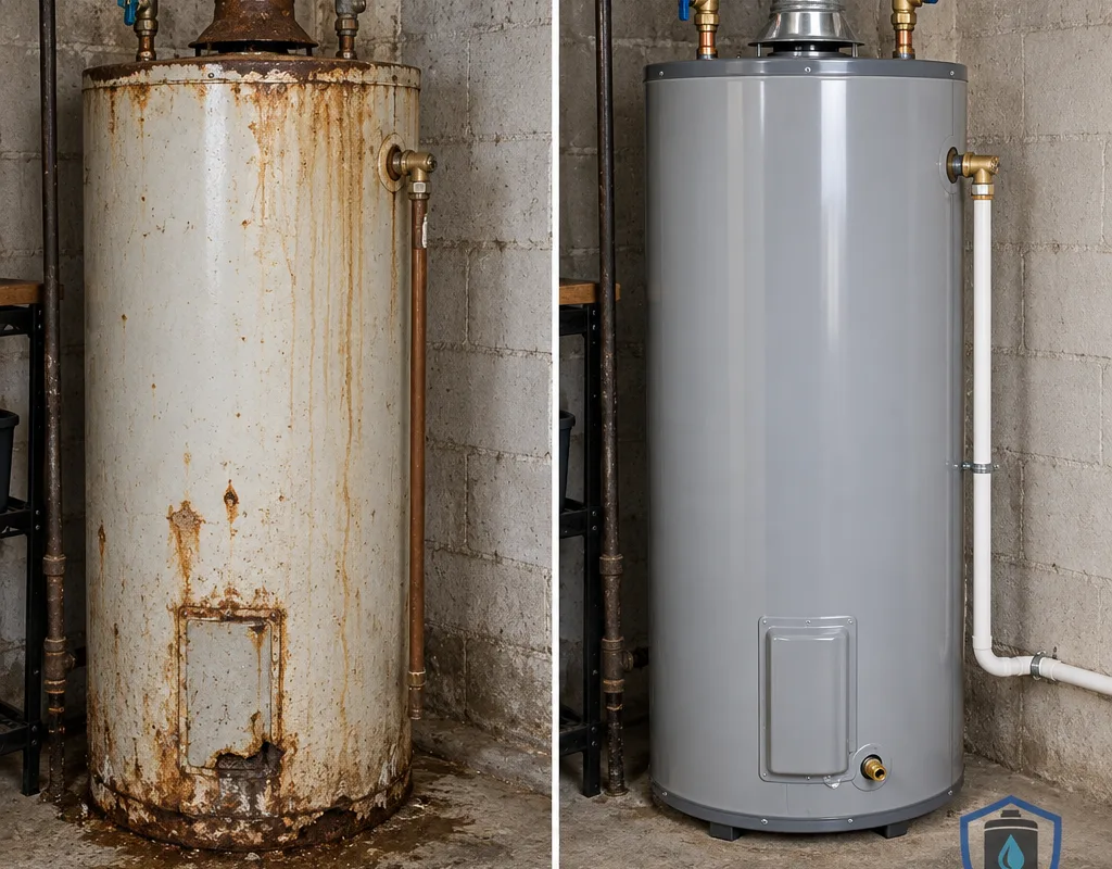 Before-and-after view of a corroded water heater replaced with a new unit and updated safety connections
