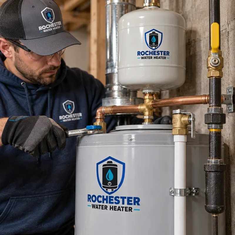 Correctly installed water heater shutoff valve, expansion tank, TPR discharge line, gas shutoff, and sediment trap