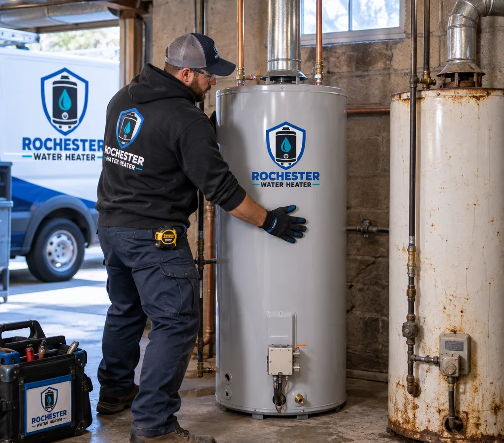 A licensed technician positioning a new tank water heater in a Rochester basement while the old unit is staged for removal