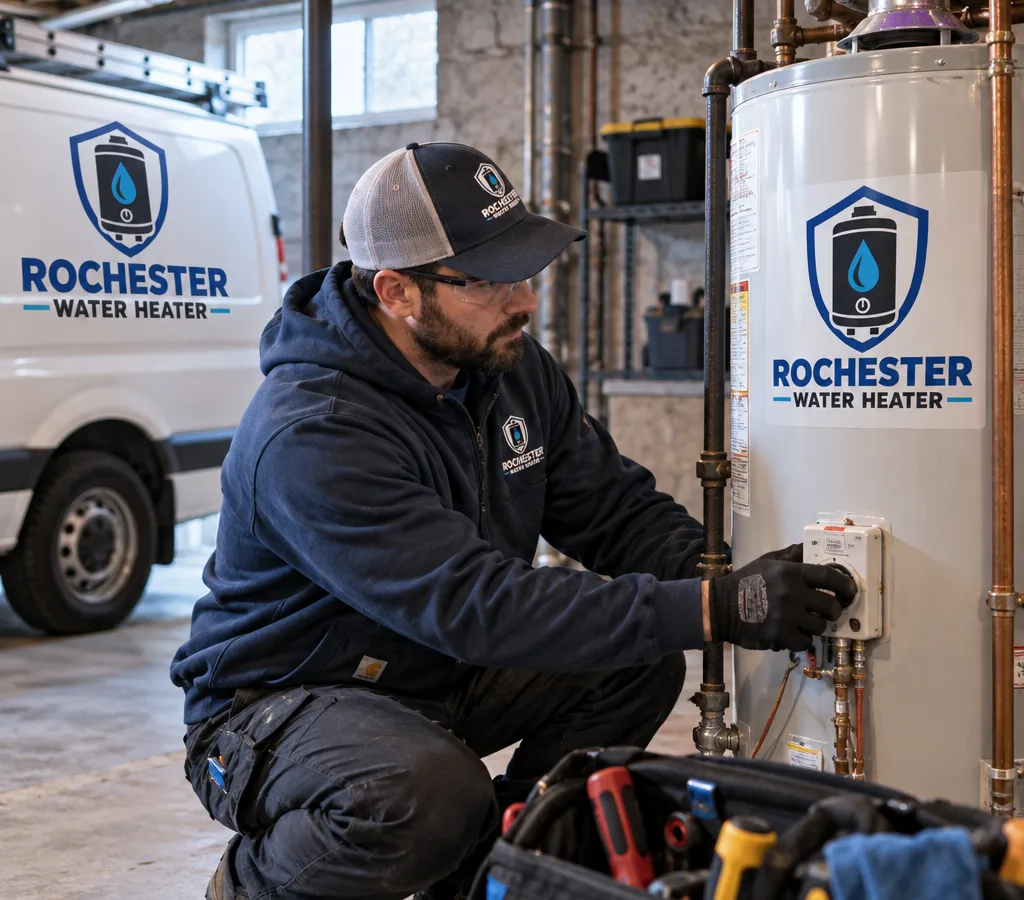 Technician inspecting a residential water heater in a Rochester basement