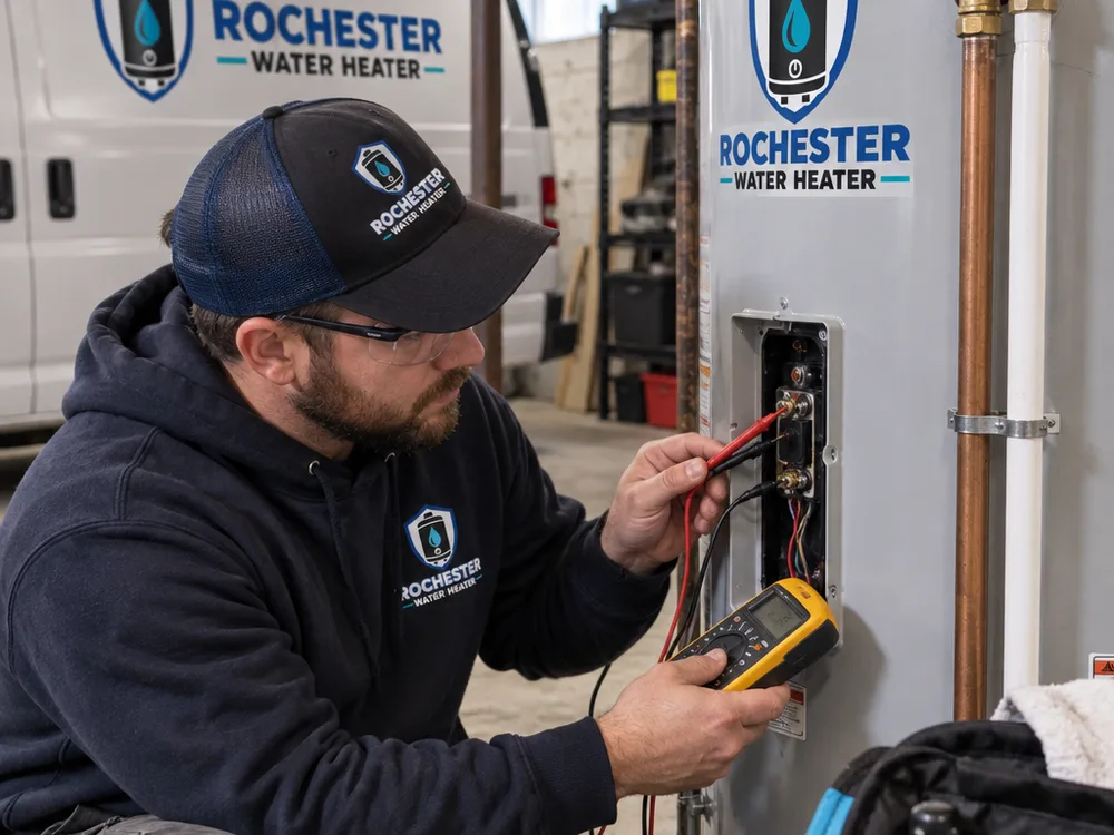 Plumber testing water heater thermostat wiring and inspecting the relief valve discharge line