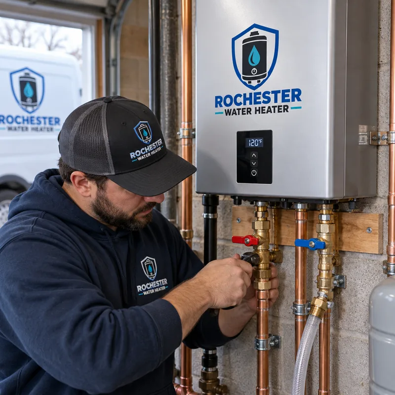 Tidy tankless installation with straight piping and accessible isolation valves and flush ports