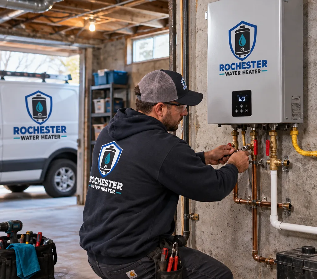 Technician installing a wall-mounted tankless water heater with isolation valves and a condensate line in a Rochester-area basement