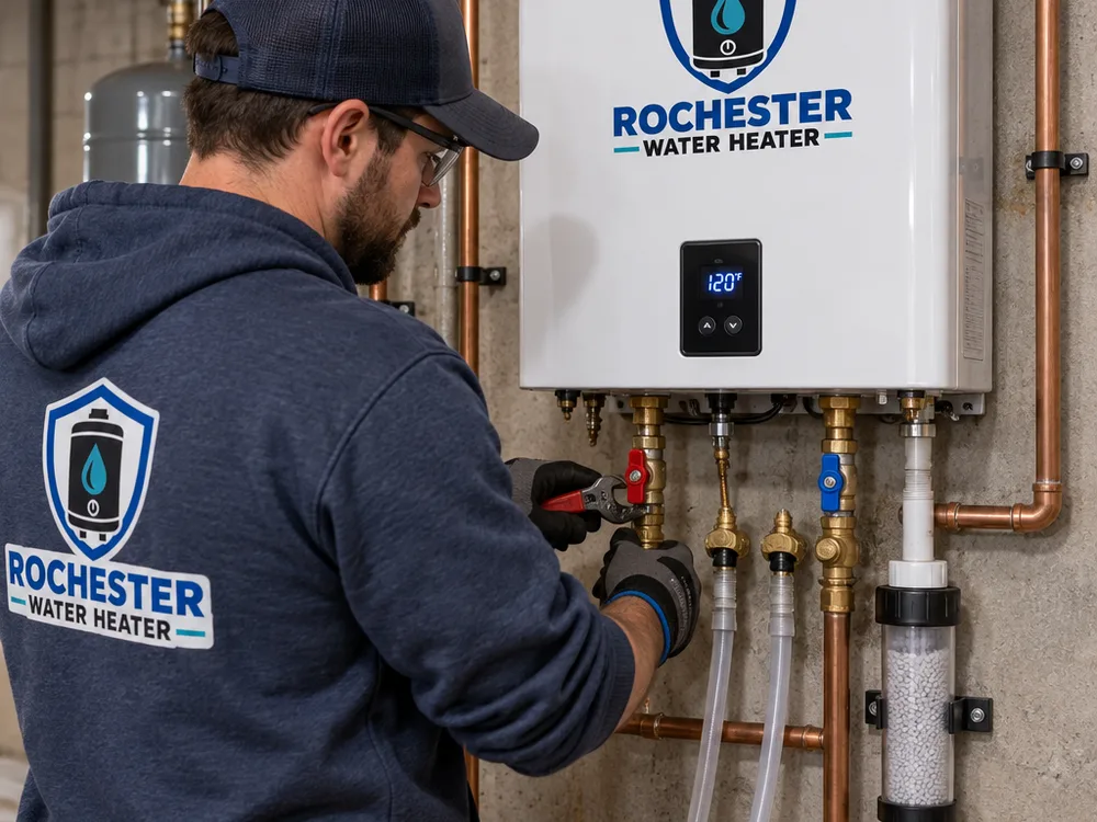 Correctly piped tankless water heater with isolation valves, flush ports, and a condensate drain line