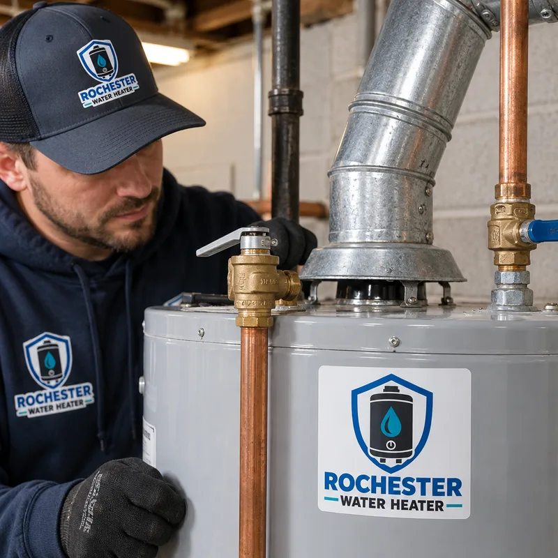 Close-up of a gas water heater showing the temperature and pressure relief valve with discharge pipe, the cold water shutoff, and the vent connector sloped upward into the chimney or vent system