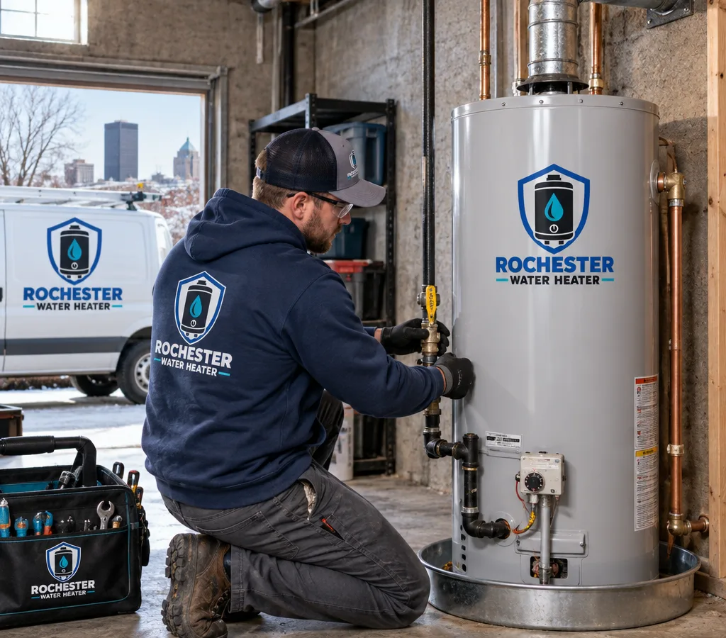 A technician setting a new atmospheric-vent gas tank water heater in a Rochester basement with visible vent connector, gas shutoff, sediment trap, and drip pan