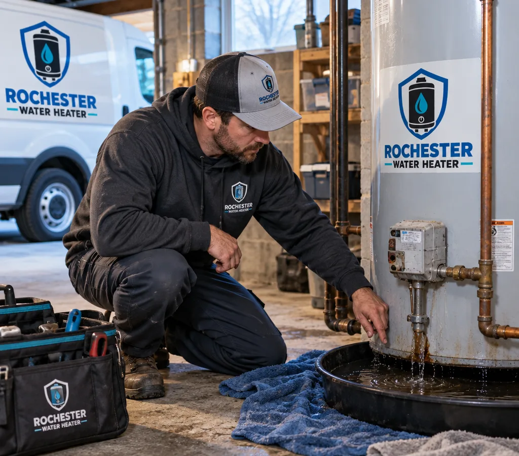 Technician inspecting an actively leaking residential tank-style water heater in a Rochester basement with towels and a drain pan in place