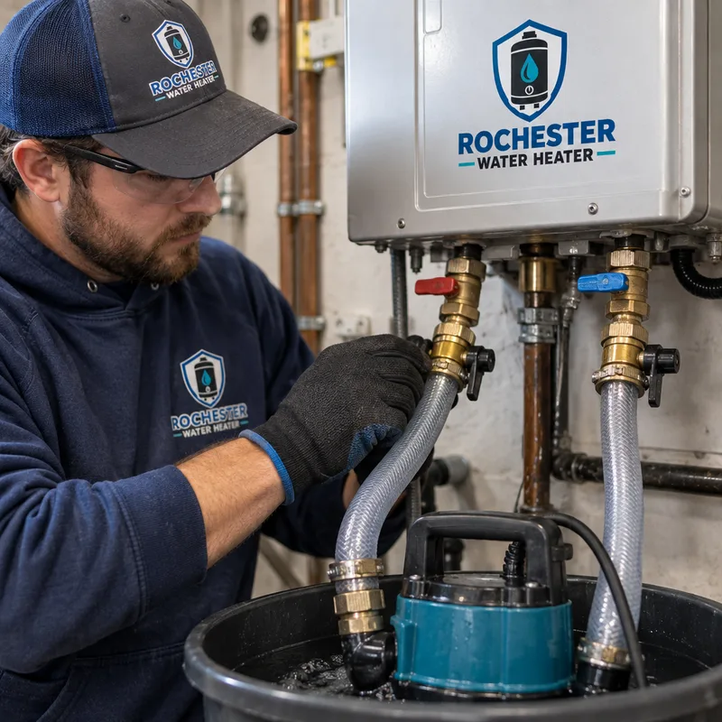 Commercial tankless water heater isolation valves and flush ports connected to descaling hoses and a recirculating pump
