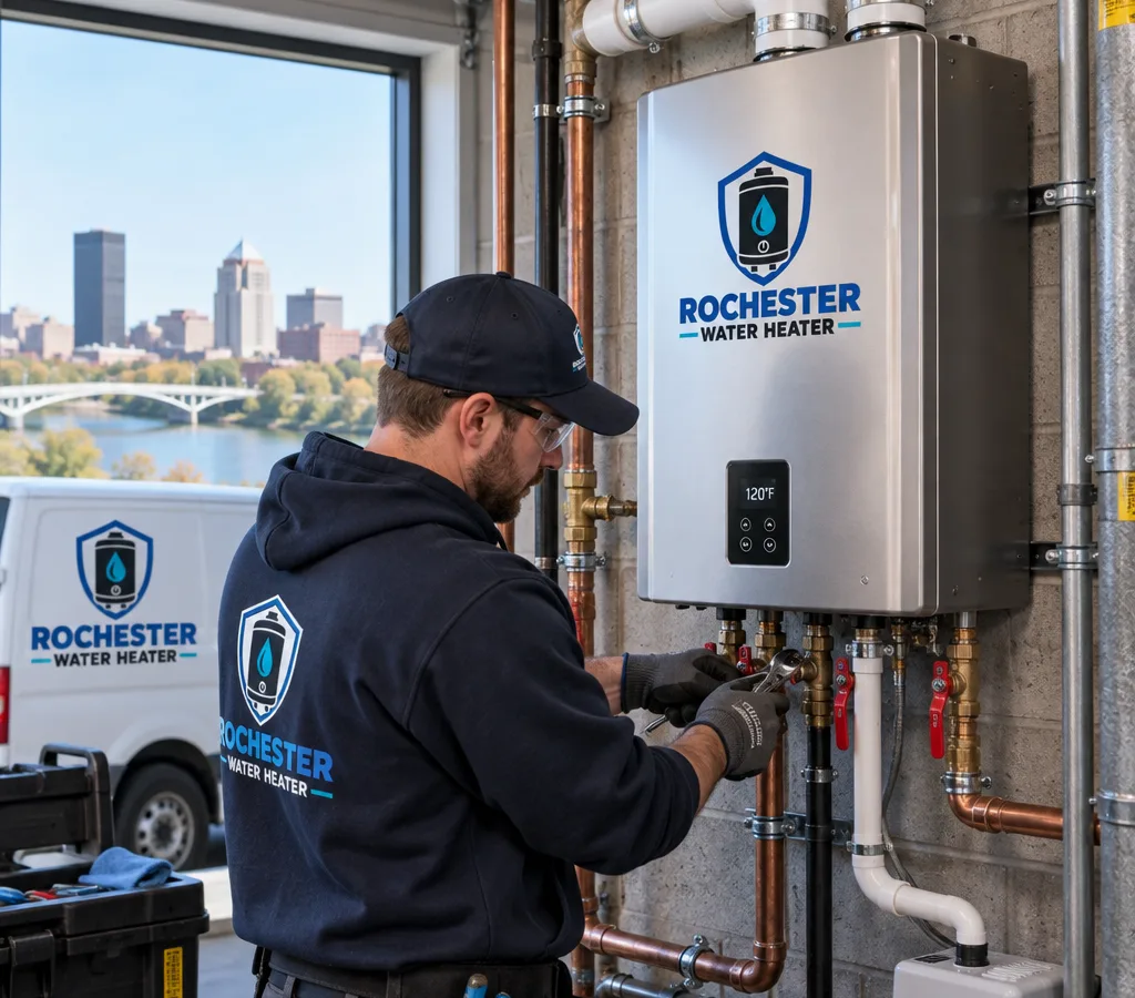 Technician servicing a wall-hung commercial tankless water heater in a mechanical room with isolation valves, condensate drain, and venting visible