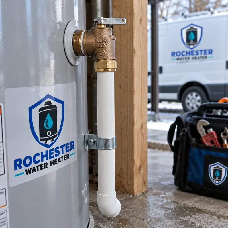 Properly installed temperature and pressure relief valve and discharge pipe showing correct orientation and secure connections