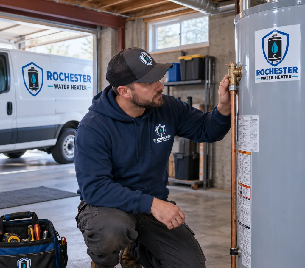 Technician checking the temperature and pressure relief valve and rating plate on a residential tank water heater in a Brighton-area basement