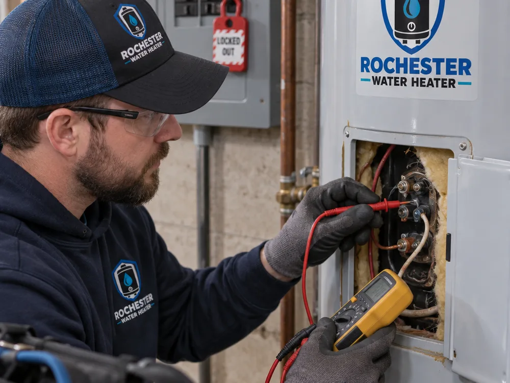 Technician testing an electric water heater element with a multimeter while inspecting wiring behind the access panel with the breaker locked out