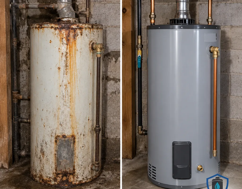 Before-and-after view of an older corroded tank replaced with a new unit and improved connections