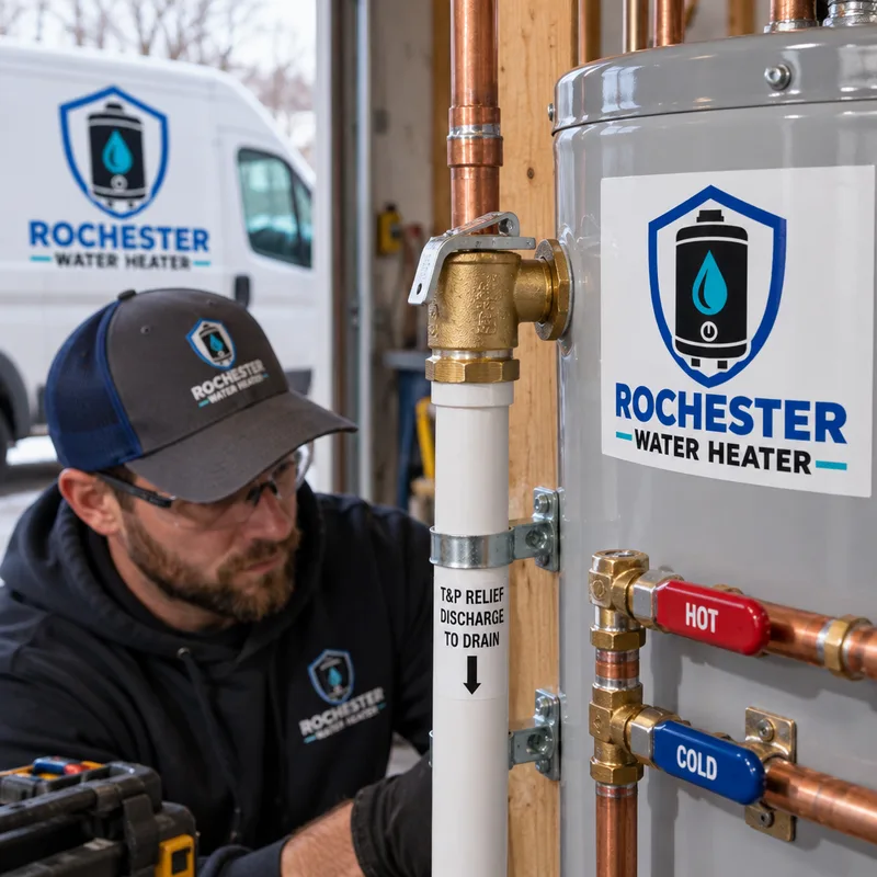 Close-up of a newly installed water heater's T and P relief valve with properly routed discharge piping and labeled shutoff valves