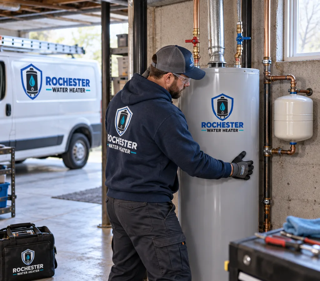 Technician positioning a new residential water heater in a Rochester-area basement with visible shutoff valves and venting connections