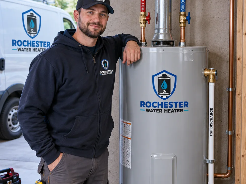 Finished water heater installation with neatly routed water lines, labeled shutoff, and a correctly run T and P discharge line