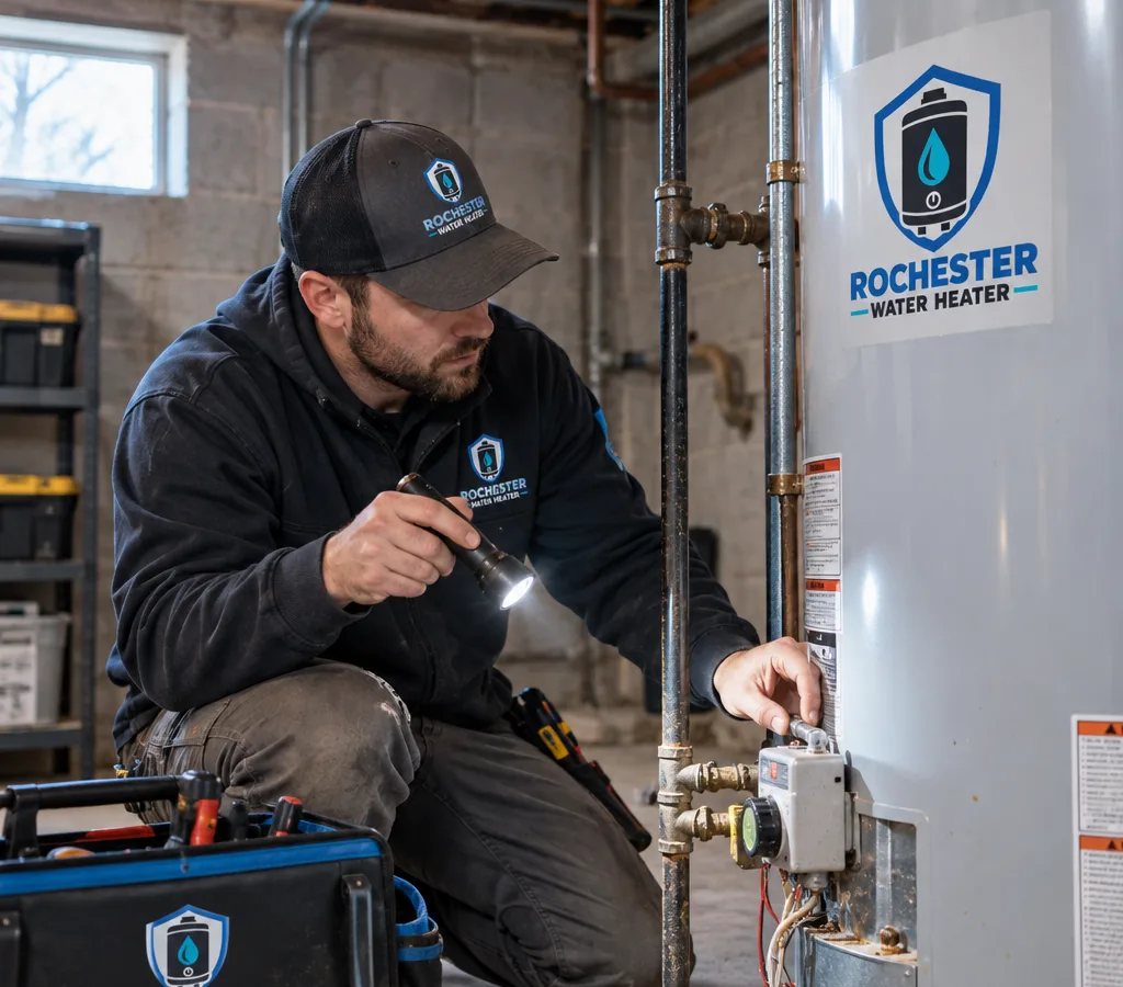 Technician inspecting a standard tank water heater during an active repair visit in a Greece, New York basement