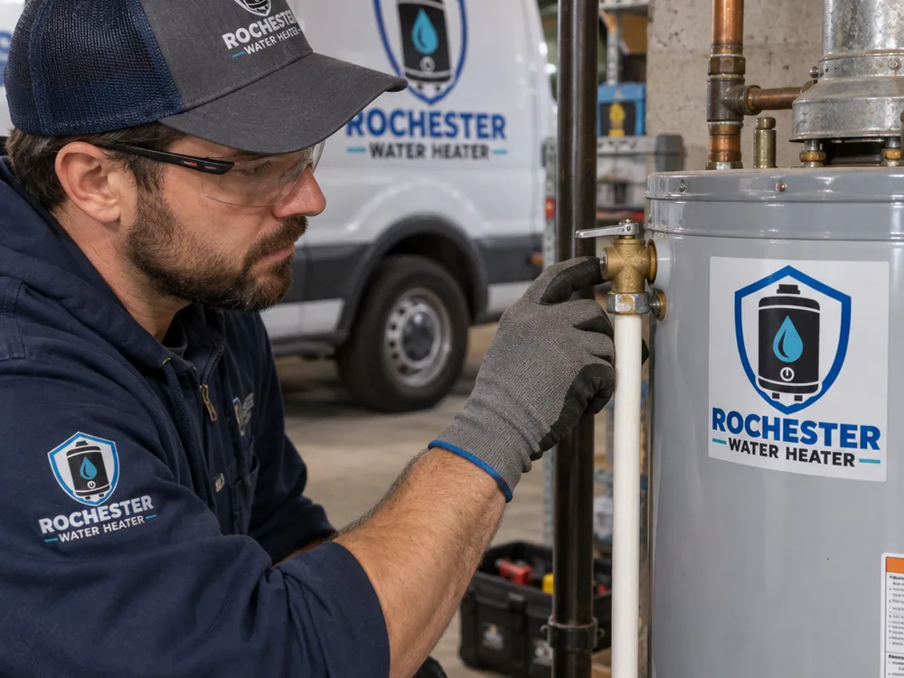 Technician checking a water heater temperature and pressure relief valve and discharge line during emergency service