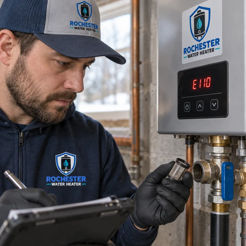 Tankless water heater control panel showing an error code while a technician records readings and checks the inlet filter screen