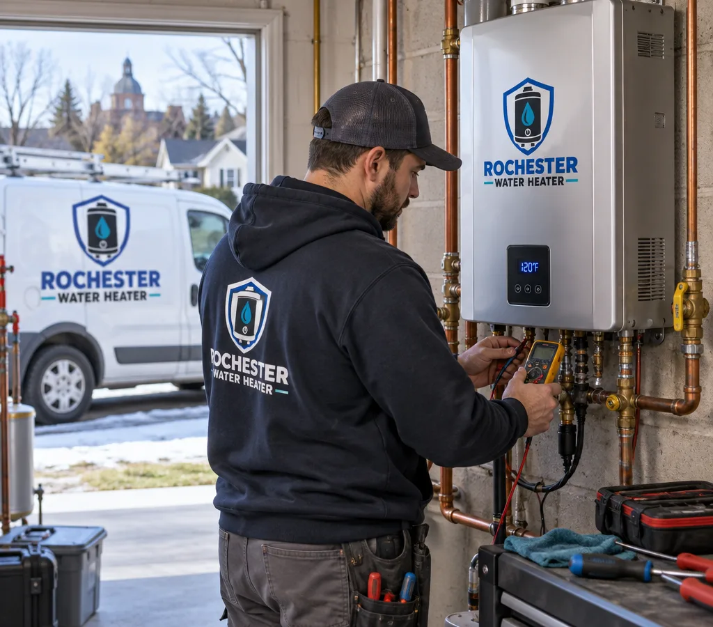 Technician servicing a wall-mounted tankless water heater in a Pittsford-area utility room with tools and a diagnostic meter visible