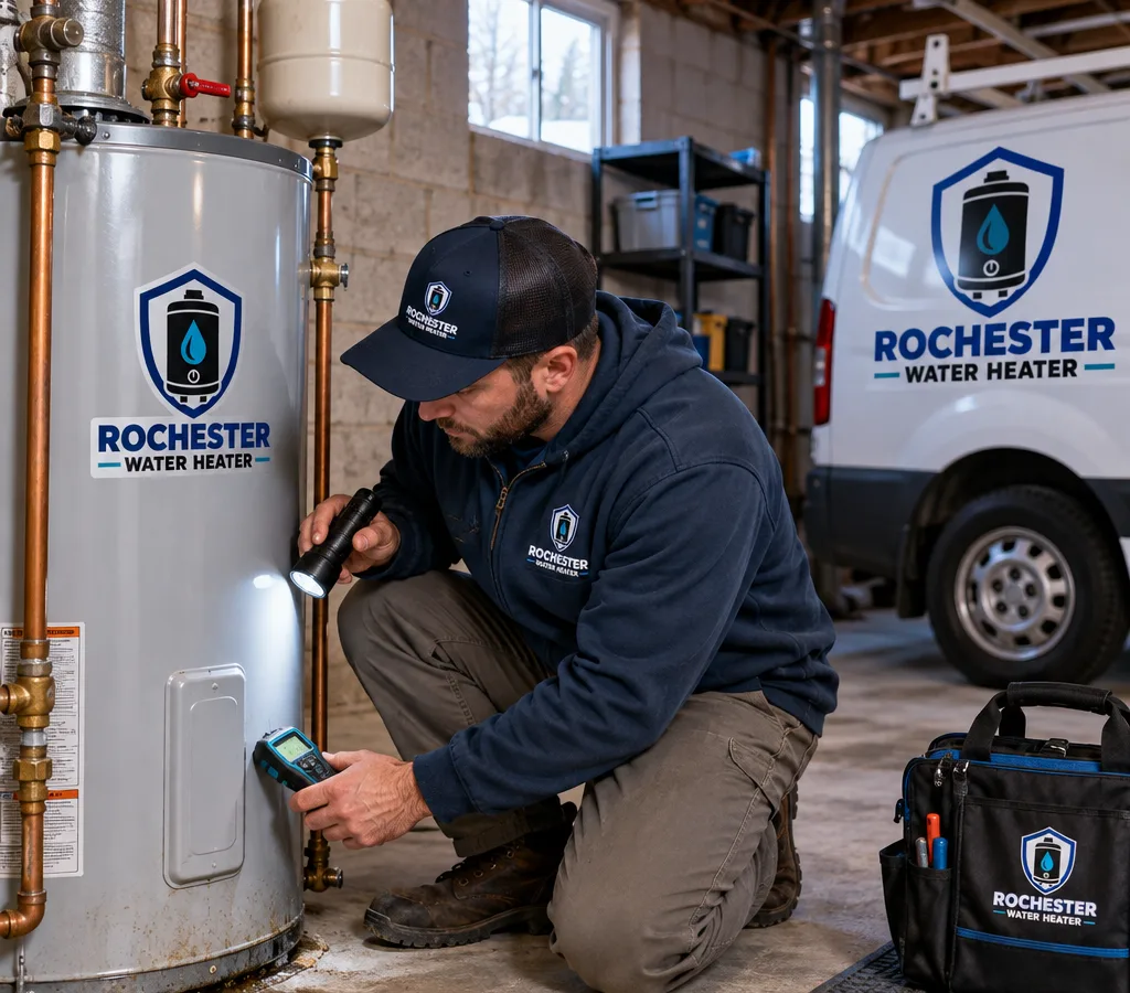 Technician inspecting a residential tank-style water heater with a flashlight and moisture meter in a Henrietta-area basement mechanical corner