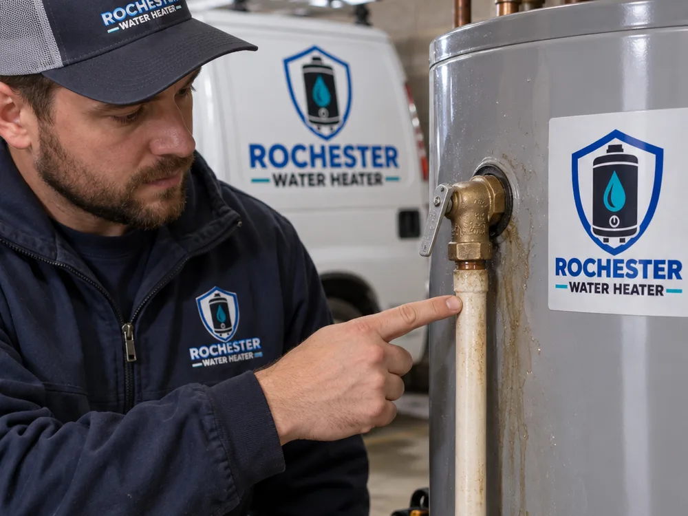Water heater TPR valve and discharge pipe with moisture staining as a technician points to the valve and piping connections