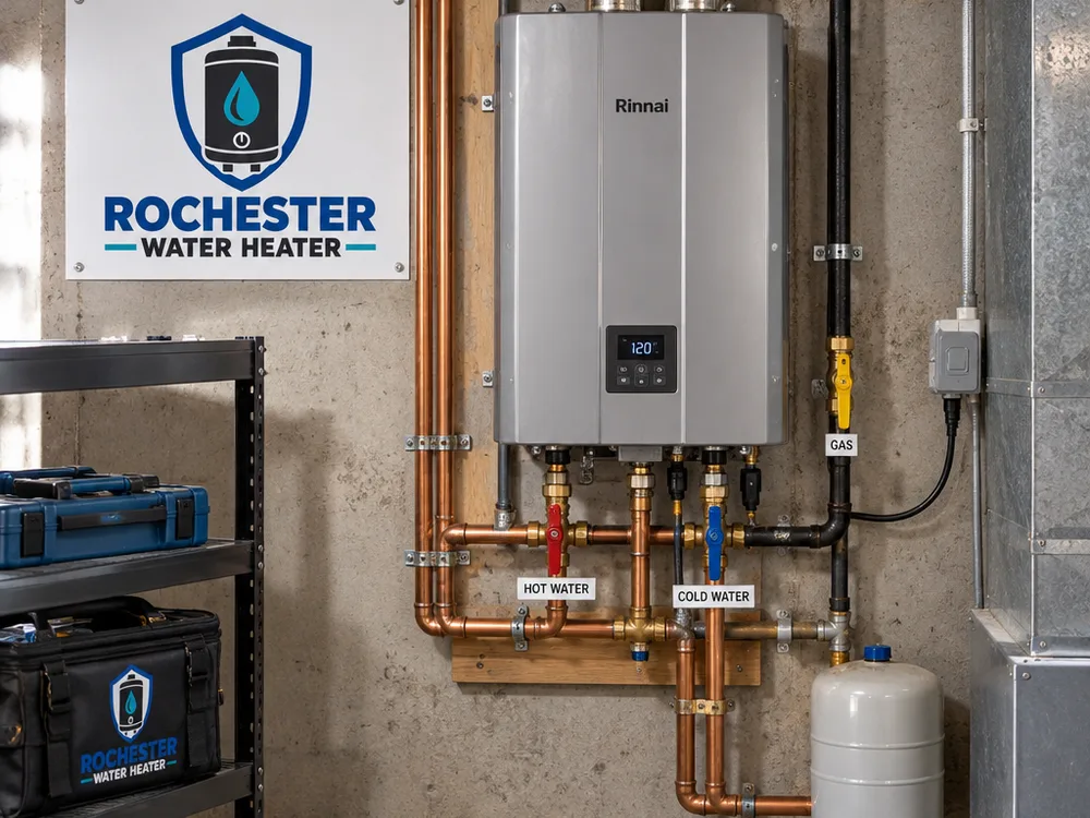 Basement mechanical area after a tank-to-tankless conversion with clean piping and labeled shutoffs